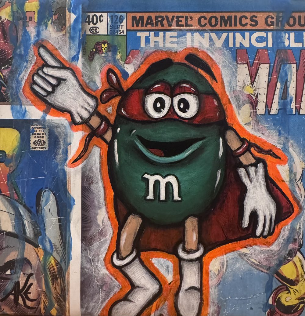 Green Vigilante, 2026 – Mixed Media auf Leinwand · Original Vintage Marvel Comic-Collage, Acrylmalerei, 3D-Strass- und Perlenapplikationen